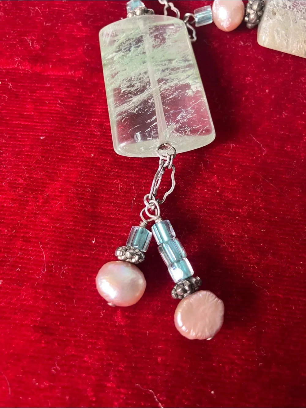 Artisan 925 Sterling Silver Green Rutilated Quartz Cultured Pearl Y-Necklace.
